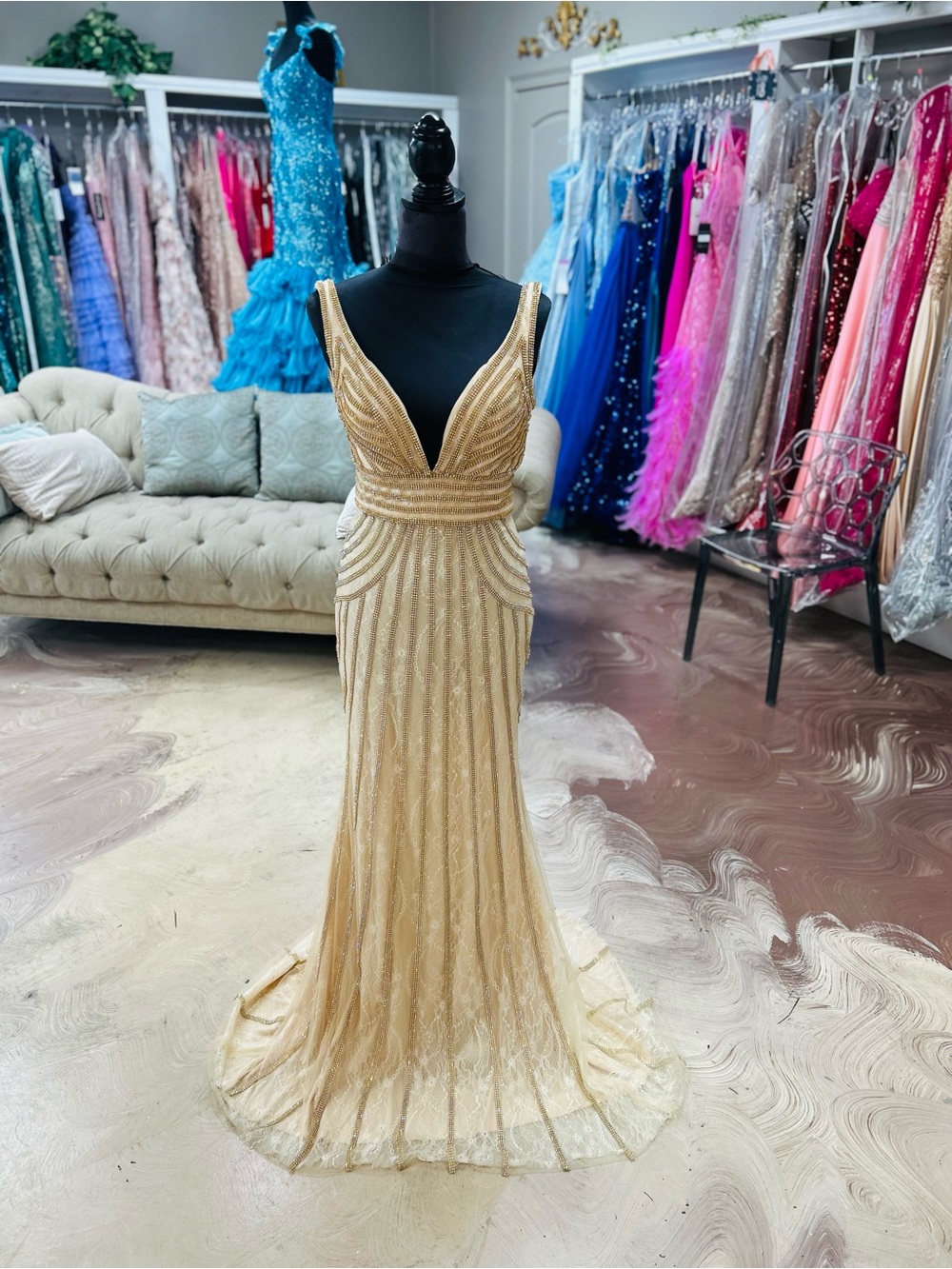 LARA Gold Plunging V-Neck Sequin Gown